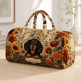 Black Tan Dachshund With Autumn Florals For Vintage Travel Style Dog Lovers And Owners Quilted Weekend Bag