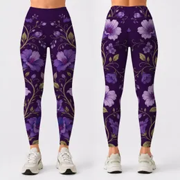 Purple Botanical Vine With Violet Blossoms For Resort Casual Yoga And Lounge Style Leggings