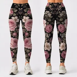 Dark Vintage Rose Florals With Blush Garden Blooms For Casual Everyday Feminine Style Leggings
