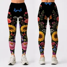 Black Wildflower Bouquet With Butterflies For Feminine Vacation Beach Outings Women Leggings