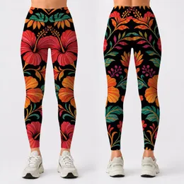 Retro Tropical Hibiscus Vines On Black For Boho Yoga Lounge Festival Style Women Leggings