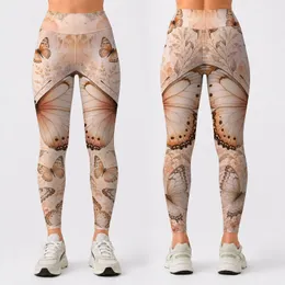 Champagne Peach Butterfly Botanical Watercolor Motif For Soft Lounge Style Women Leggings