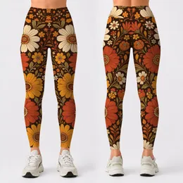 Retro Botanical Florals In Espresso Brown For Boho Autumn Outfits And Casual Wear Leggings