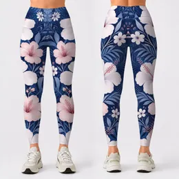 Indigo Blue White Hibiscus Floral Denim Look For Beach Yoga And Casual Commute Women Leggings