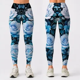 Icy Blue Rose Botanical Bouquet On Black For Dressy Romantic Evening Style Women Leggings