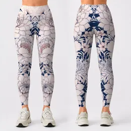 Navy Ivory Dahlia Peony Line Art With Blush Accents For Yoga And Athleisure Women Leggings