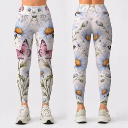 Watercolor Blue Daisies With Pink Butterflies For Breezy Spring Garden Style Women Leggings