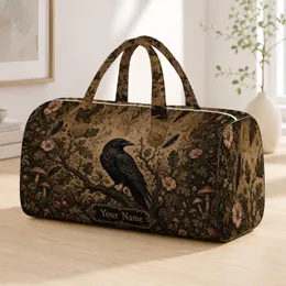 Gothic Crow On Oak Branch With Roses For Dark Romantic Overnight Travel Style For Women Quilted Weekend Bag