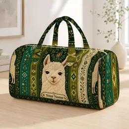 Cream Alpaca On Forest Green Folk Stripes Rustic Holiday Gift For Animal Lovers Women Quilted Weekend Bag