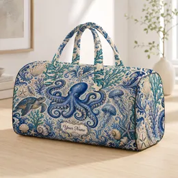 Blue Octopus Sea Turtle Jellyfish Coastal Name Motif For Beach Travel Lovers Gift Quilted Weekend Bag