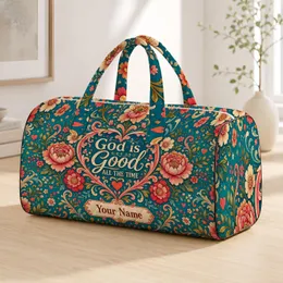 Faith Inspired Vintage Aqua Floral Heart Garden Year End Holiday Travel Gift For Women Quilted Weekend Bag