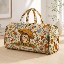Whimsical Rainy Autumn Hedgehog With Umbrella Woodland Gift For Nature Lovers Women Quilted Weekend Bag