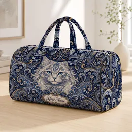 Ornate Indigo Cat With Aqua Eyes For Chic Getaways And Gym Days Cat Lovers Boho Style Quilted Weekend Bag