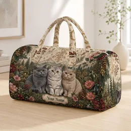 British Shorthair Cats With Pine Florals For Christmas Holiday Travel Cat Lovers Gift Quilted Weekend Bag