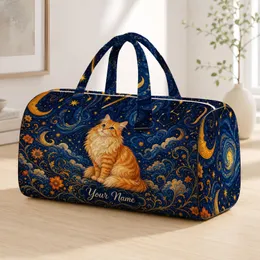 Orange Cat Under Starry Midnight Sky With Name Plaque For Cat Lovers And Travel Gifts Quilted Weekend Bag