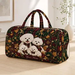 Bichon Frise Dogs With Heritage Plaid And Autumn Leaves For Cozy Holiday Travel Lovers Quilted Weekend Bag