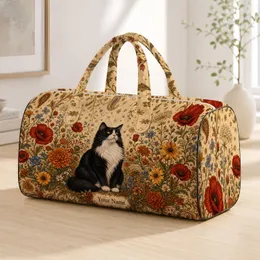Tuxedo Cat In Autumn Wildflowers For Fall Getaways And Cat Lover Style With Name Label Quilted Weekend Bag