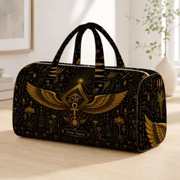 Ancient Egyptian Winged Sun Eye Ankh Gold Black Luxury Travel Accessory For Women Quilted Weekend Bag