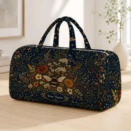 Bumblebee Wildflower Navy Floral Autumn Harvest Travel Gift For Her With Name Label Quilted Weekend Bag