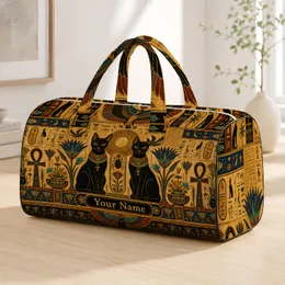 Egyptian Black Bastet Cats With Hieroglyphic Temple Motifs For Travel And Yoga Fans Quilted Weekend Bag