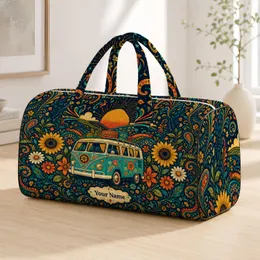 Retro Camper Van With Sunflowers And Paisley Florals For Boho Road Trips And Festivals Quilted Weekend Bag