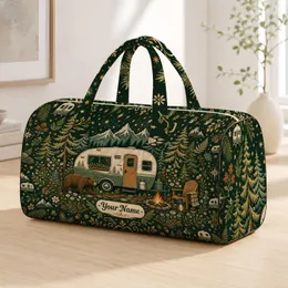 Retro RV Camper In Evergreen Forest For Cozy Camping Trips And Woodland Travel Fans Quilted Weekend Bag