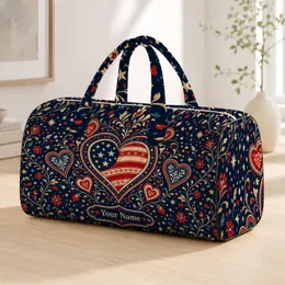 Patriotic Heart Emblem With Stars And Florals For Fourth Of July Travel Style Lovers Quilted Weekend Bag
