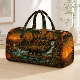 Rustic Brown Bear Mountain Lodge Autumn Stream For Cabin Getaways And Road Trips Quilted Weekend Bag
