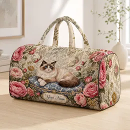 Ragdoll Cat With Pink Roses And Blue Porcelain Cushion For Travel Loving Cat Moms Quilted Weekend Bag