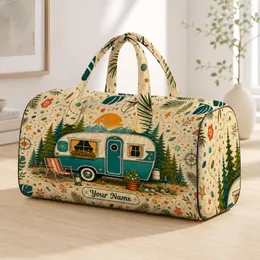 Retro Teal Camper Trailer With Pine Florals For Cozy Camping Getaways And Road Trips Quilted Weekend Bag