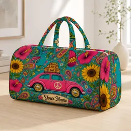 Retro Pink Road Trip Car With Sunflowers For Summer Getaways And Boho Travelers Fans Quilted Weekend Bag