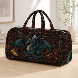 Teal Dragon Fantasy Library With Antique Books And Moonlit Arches For Bookish Travel Quilted Weekend Bag