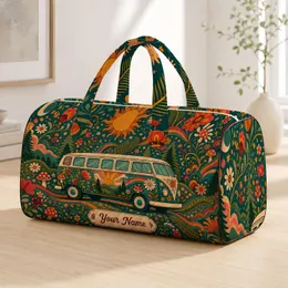 Retro Camper Van With Florals And Mushrooms For Boho Road Trips And Festival Travel Quilted Weekend Bag