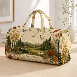 Autumn Golf Course Pine Forest Red Flag Heritage Overnight Travel Gift For Women Golfers Quilted Weekend Bag