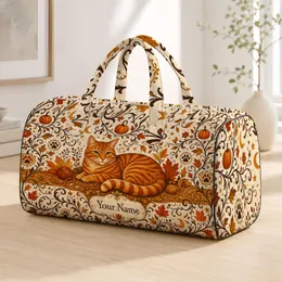 Orange Tabby Cat With Autumn Folk Leaves And Moons Halloween Travel Gift For Cat Lovers Quilted Weekend Bag