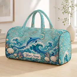 Blue Dolphin And Turquoise Waves Coastal Getaway Style For Beach Trips And Cruises Quilted Weekend Bag