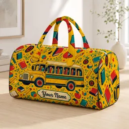 Retro Yellow School Bus With Books For Back To School Reading Adventures Kids Style Quilted Weekend Bag