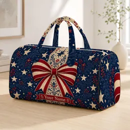 Patriotic Flag Bow With Navy Stars And Folk Florals For Americana Holiday Travel Quilted Weekend Bag