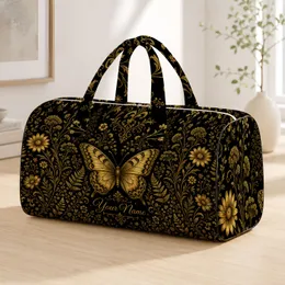 Gold Butterfly And Botanical Damask On Black For Travel, Work, And Overnight Style Quilted Weekend Bag