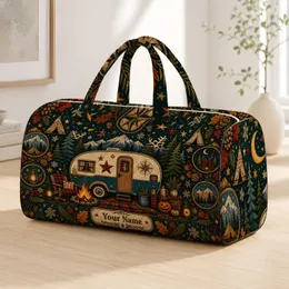 Vintage Camping Trailer Forest Campfire Retro Road Trip Holiday Gift For Campers Quilted Weekend Bag