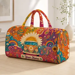 Retro Rainbow Van With Daisies For Festival Road Trips And Boho Holiday Travelers Quilted Weekend Bag