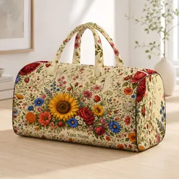 Cream Wildflower Garden With Sunflowers Roses Blue Daisies For Cottage Travel Style Quilted Weekend Bag