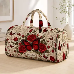 Red Rose Butterfly Botanical Name Gift For Her Romantic Crimson Garden Travel Style Quilted Weekend Bag