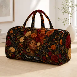 African Woman Portrait With Autumn Roses, Elegant Heritage Style For Holiday Travel Quilted Weekend Bag