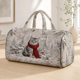 Silver Tabby Cat In Red Scarf Snowy Pines Winter Travel Christmas Gift For Her Mom Quilted Weekend Bag