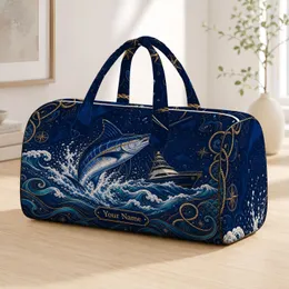 Leaping Blue Marlin And Luxury Yacht Navy Ocean Waves For Sportfishing Travel Trips Quilted Weekend Bag