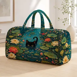 Black Kitten In Blue Green Lily Pond With Dragonflies For Travel And Cat Loving Women Quilted Weekend Bag