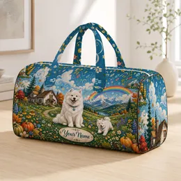 Samoyed Dogs In Alpine Meadow With Rainbow Cabin For Thanksgiving Gift For Travel Lovers Quilted Weekend Bag