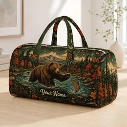 Vintage Brown Bear Fishing River Scene For Cabin Getaways And Outdoor Adventurers Quilted Weekend Bag