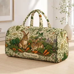 Brown Rabbits And Carrot Garden Folk Botanicals For Countryside Getaways Bunny Fans Quilted Weekend Bag